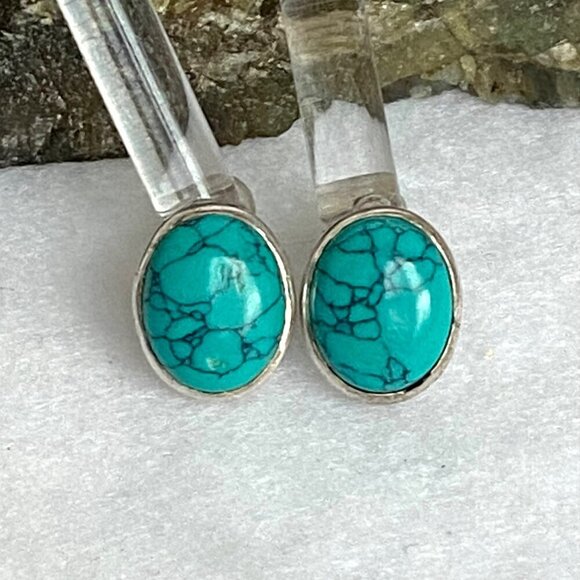 Sterling Silver 925 Oval Dyed Howlite Faux Turquoise Necklace & Earring Set - Picture 3 of 16